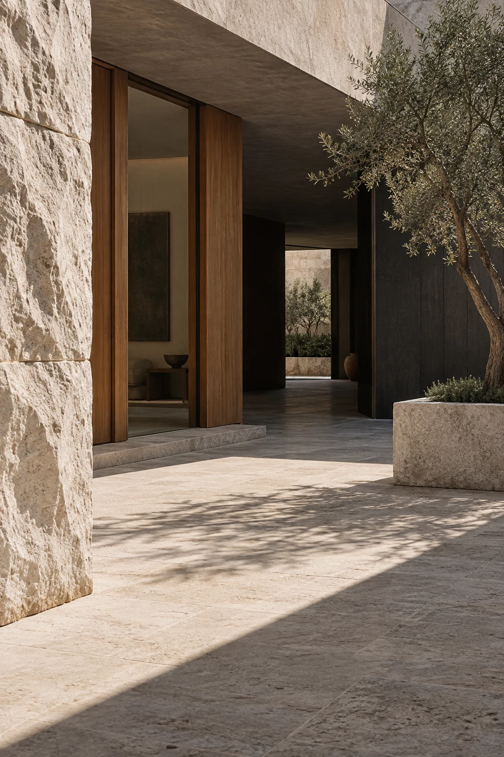 KI generiertes Bild: heller Durchgang aus Naturstein und Holz mit dem Schatten eines Baumes.
